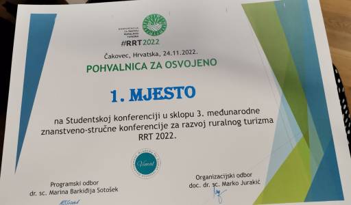 Studenti osvojili 1. mjesto na Studentskoj konferenciji za razvoj ruralnog turizma RRT 2022. u Čakovcu