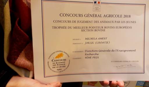 Studentica VGUK MICHAELA AMENT osvojila 4. mjesto  na međunarodnom natjecanju u ocjenjivanju goveda – Pariz 2018.